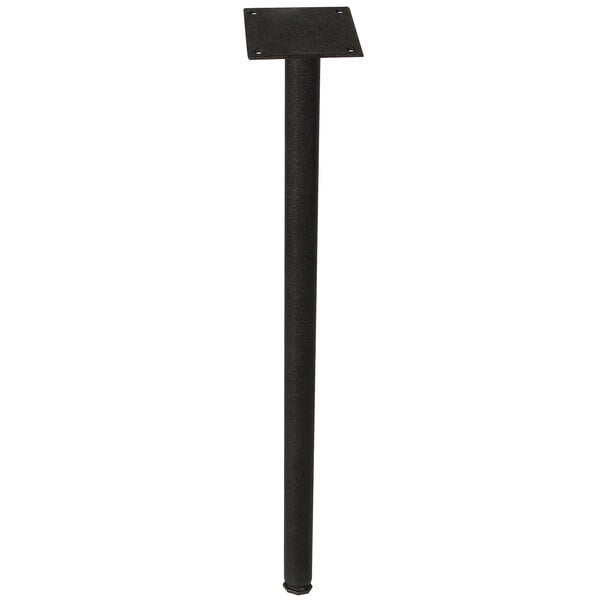 A black cylindrical pin leg for a table with a black rectangular base.