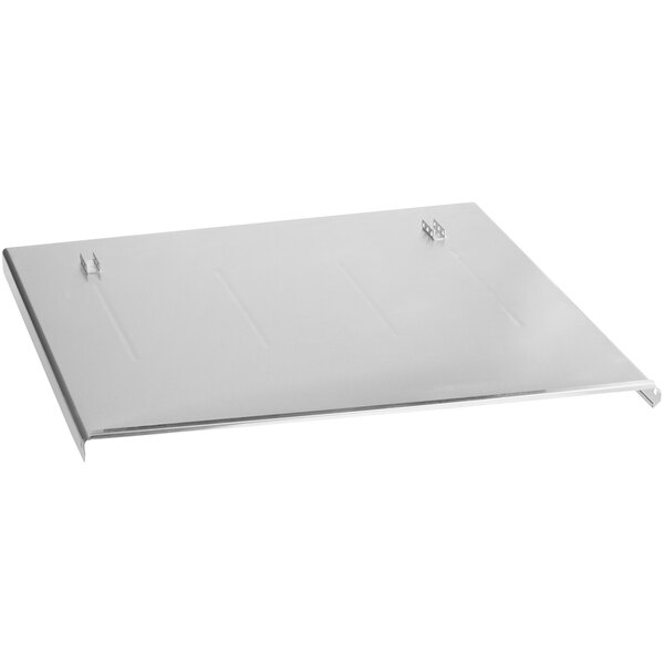 A white metal cover with a metal plate for Avantco flat bottom fryers.