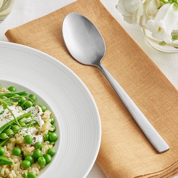 An Acopa Petra stainless steel dinner spoon on a plate of food.