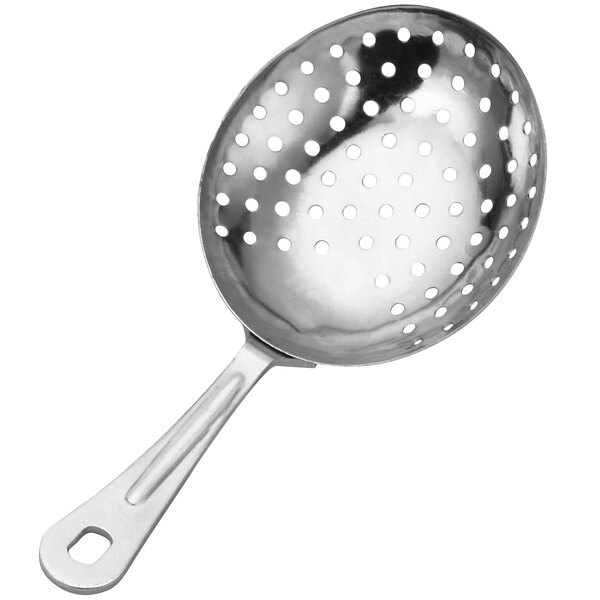 A close-up of a Tablecraft stainless steel Julep strainer with holes.