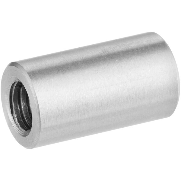 A silver metal cylinder with a threaded nut on the end.