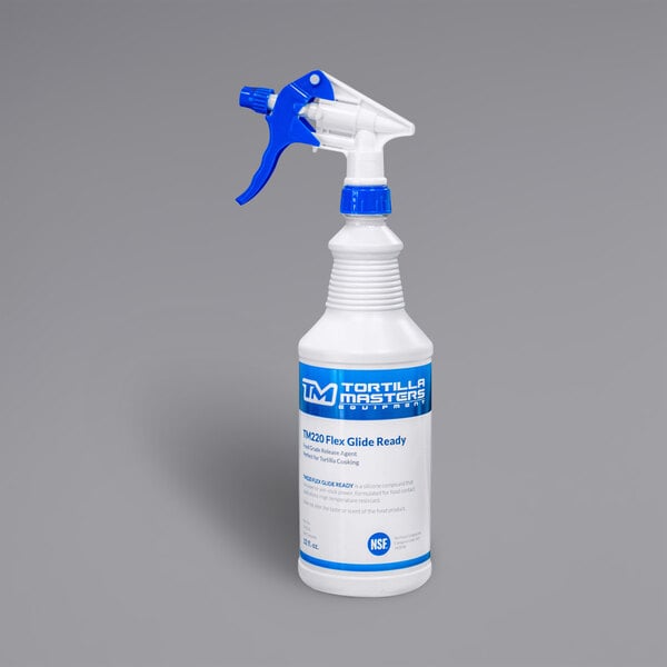 A white bottle with a blue and white spray nozzle.