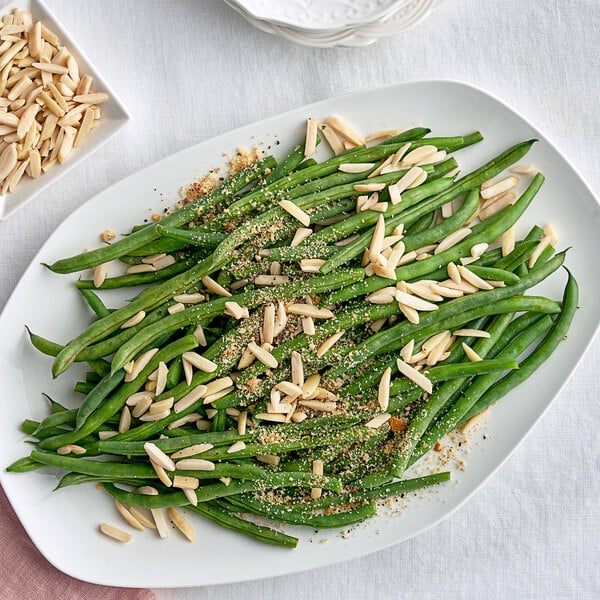 A plate of green beans with Regal Blanched Slivered Almonds.