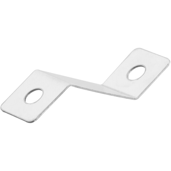 A pair of white metal brackets with holes.