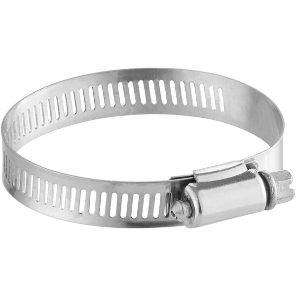 An Avantco stainless steel metal hose clamp with holes and a screw.
