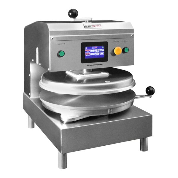 A DoughXpress tortilla press with a digital display and a button.