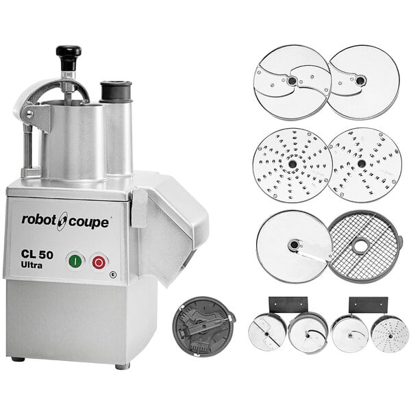 A Robot Coupe CL50 Ultra food processor with circular discs, a circular blade, and a black plastic object with a black handle.