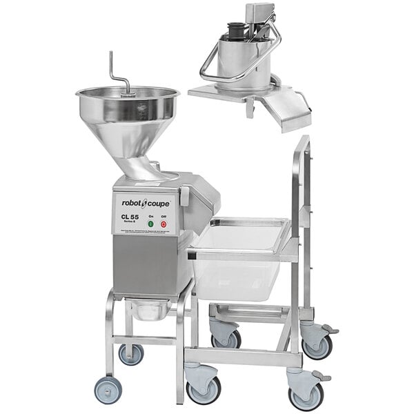 A Robot Coupe CL55 Workstation Continuous Feed Food Processor with a stainless steel bowl and a silver funnel.