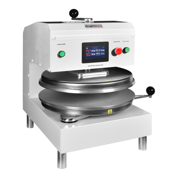 A DoughXpress tortilla press machine with a digital display and a button.