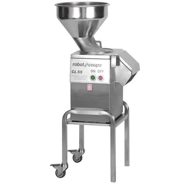 A stainless steel Robot Coupe CL55 food processor on a cart.