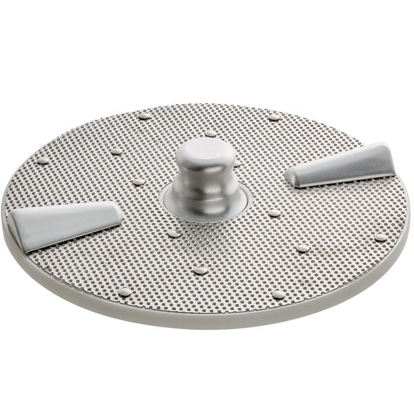 An Avantco stainless steel circular rotor plate with metal holes.