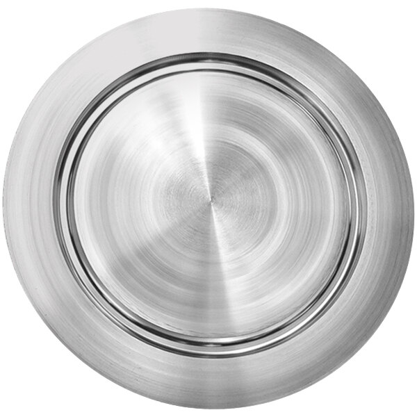 A close-up of a stainless steel circular metal platen with a circular pattern.