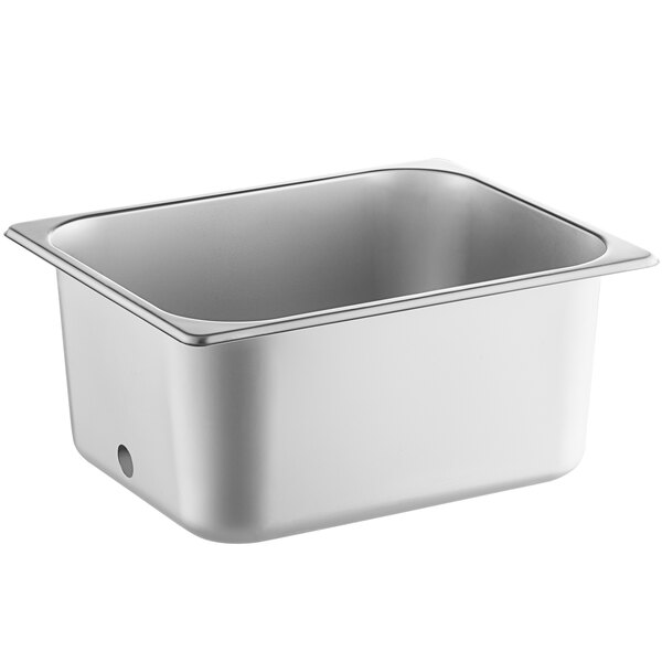 A silver metal pan with a hole and a handle.