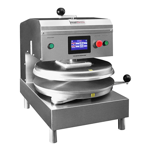 A DoughXpress stainless steel commercial tortilla press with a digital display.