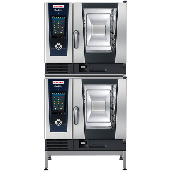 A Rational double deck electric combi oven with two open doors.