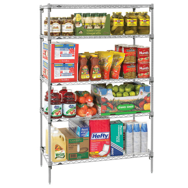 A Metro Chrome wire shelving unit with food and drinks on the shelves.