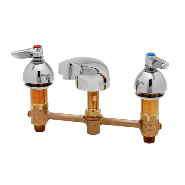 A T&amp;S deck mounted medical lavatory faucet with two brass swivel joint handles and a 5" nozzle.