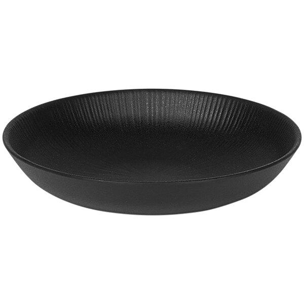 A matte black Elite Global Solutions melamine bowl with a textured surface.
