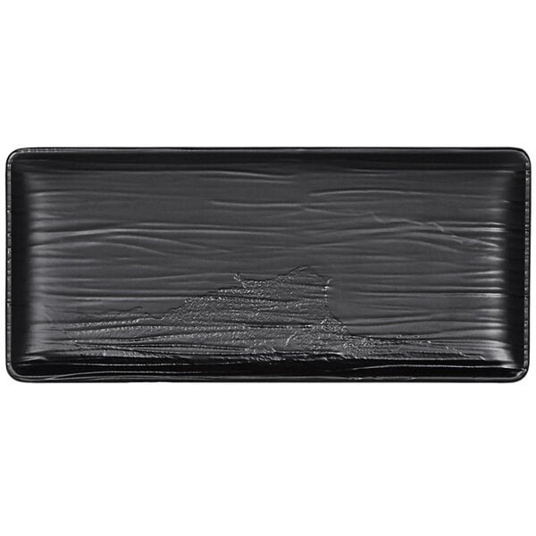 A black matte rectangular melamine plate with an embossed design.