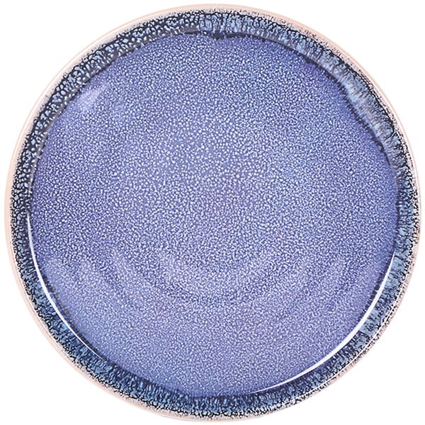An indigo melamine plate with a speckled pattern on the rim.