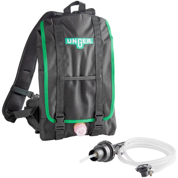 A black Unger Excella backpack with green trim and a hose.