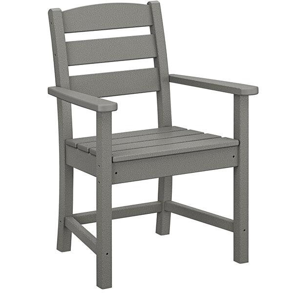 A POLYWOOD Lakeside slate grey outdoor dining arm chair with wooden armrests.
