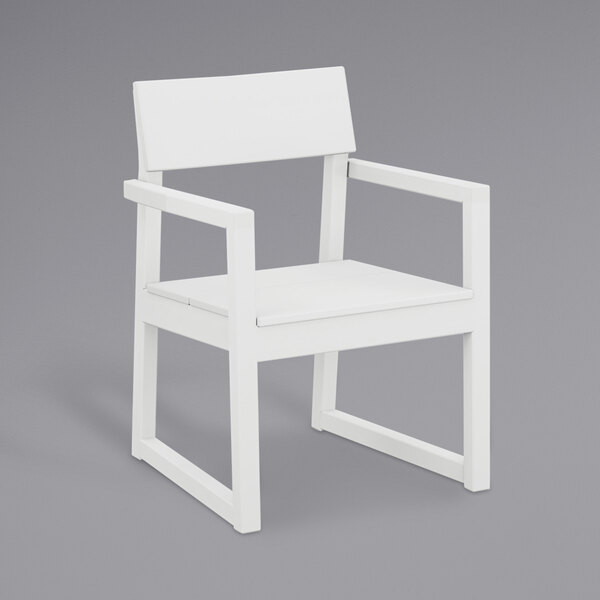 A white POLYWOOD dining arm chair with wooden seat and backrest.
