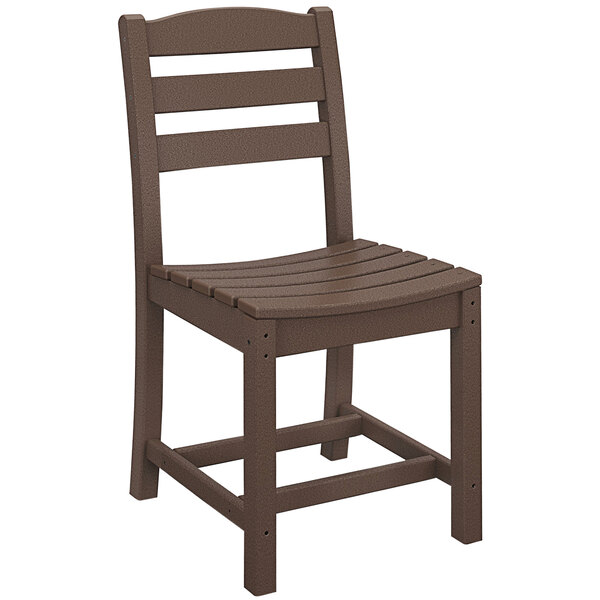 A brown POLYWOOD La Casa Cafe dining side chair with a seat and back.
