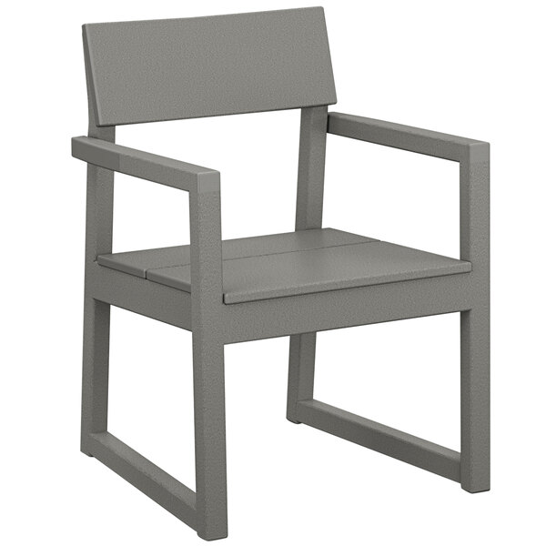 A POLYWOOD slate grey outdoor dining arm chair with wooden armrests.