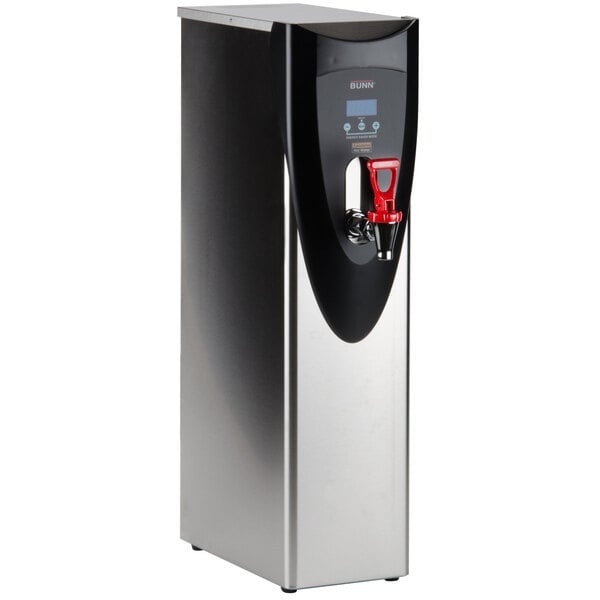 A stainless steel and black Bunn hot water dispenser with red button.