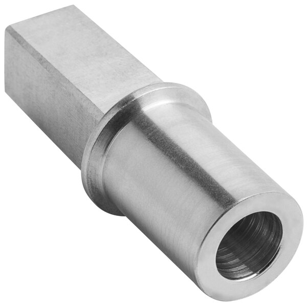 A silver metal cylinder with a stainless steel threaded pipe fitting and a nut.