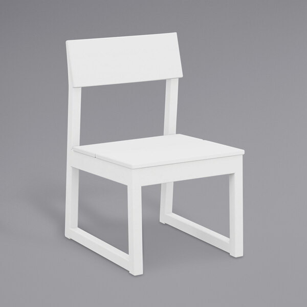 A white POLYWOOD Edge dining side chair with a wooden seat.