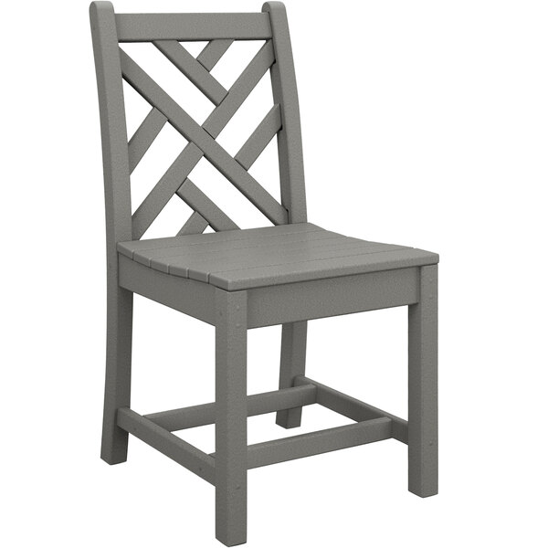 A POLYWOOD Chippendale slate grey dining side chair with a wooden seat.
