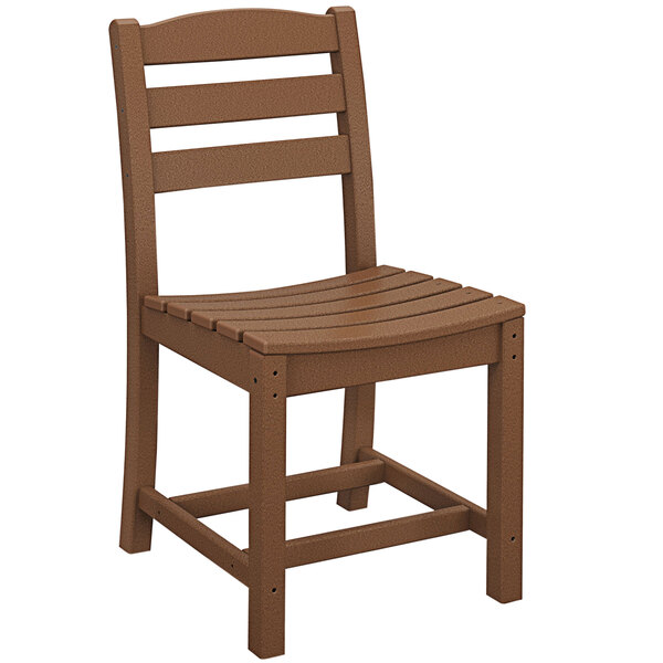 A brown POLYWOOD La Casa Cafe teak dining side chair with a seat and back.