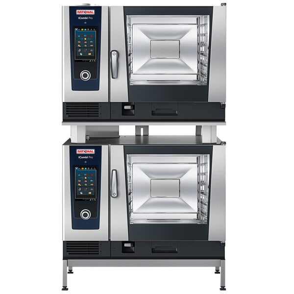 A Rational Double Deck full-size natural gas combi oven with two open doors.