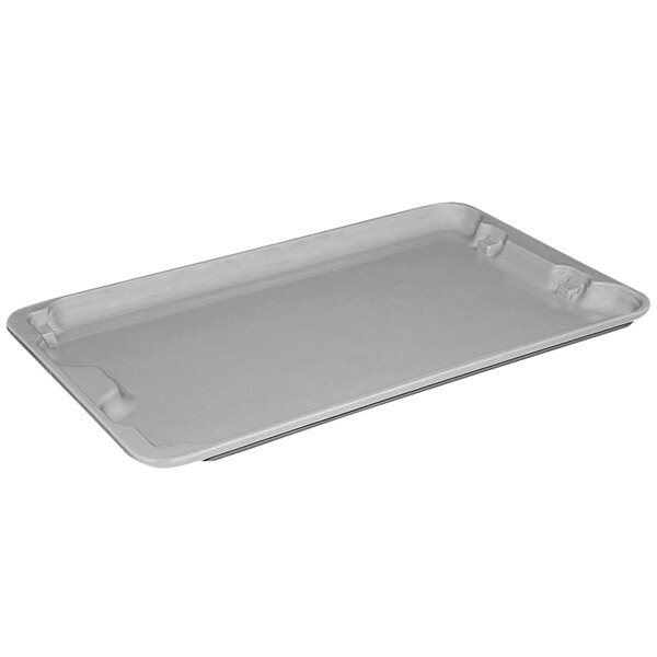 A gray fiberglass nest and stack lid on a white tray with handles.