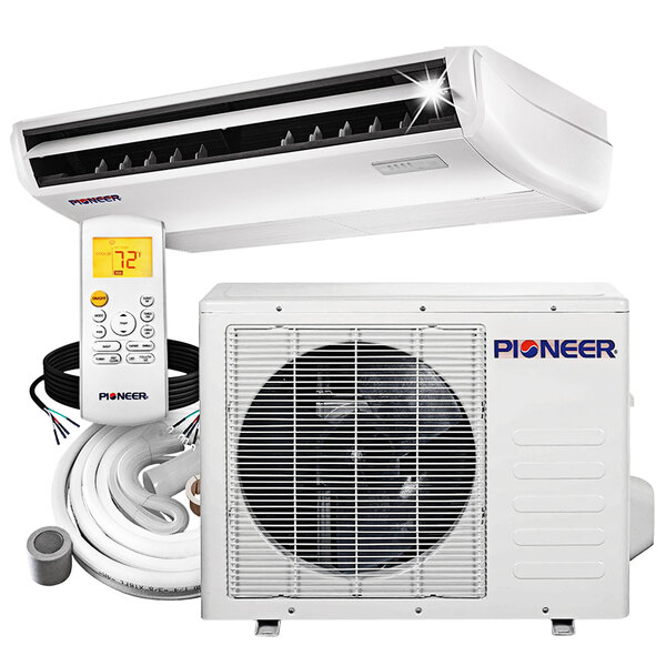 A white Pioneer ductless mini split air conditioner with a remote control on a white wall.