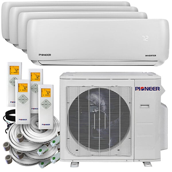 A group of white Pioneer wall mounted multi split air conditioners.