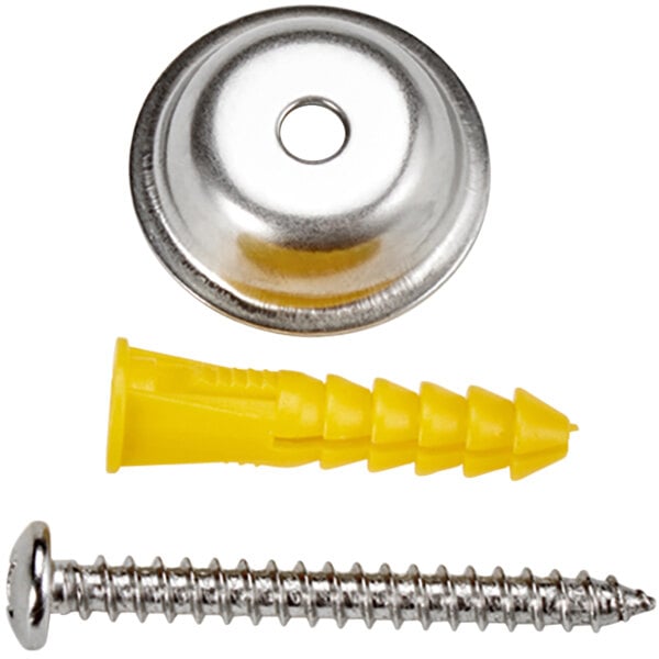 A close-up of a screw and a screw with a yellow plastic plug.