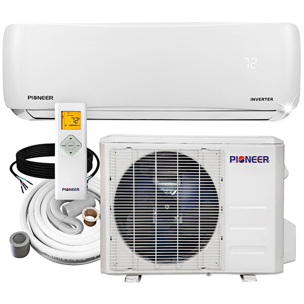 A white Pioneer ductless mini split AC and heat pump system with a remote control.