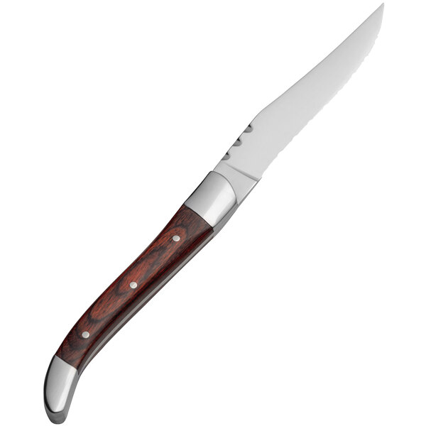 A Bon Chef Laguiole steak knife with a red wooden handle and silver blade.