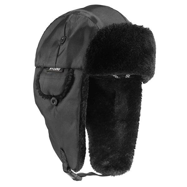 A black Ergodyne trapper hat with fur on the ear flaps.