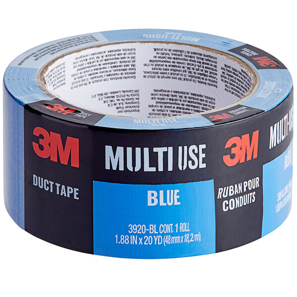 A roll of 3M blue multi-use duct tape with text on it.