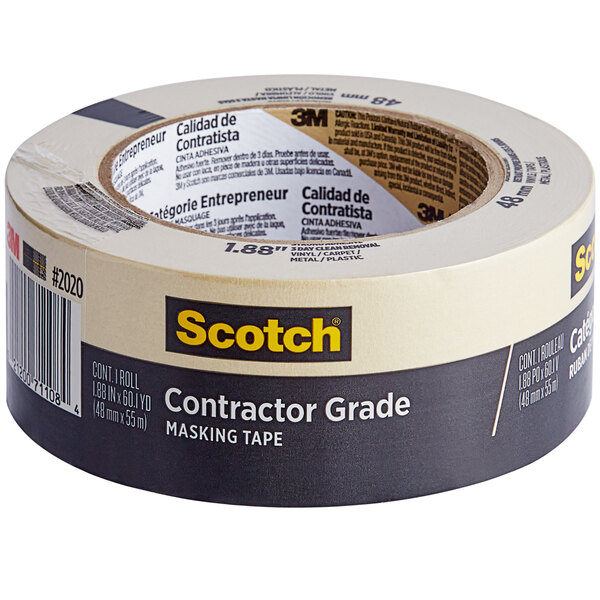 A roll of 3M Scotch Contractor Grade masking tape with black and white text.