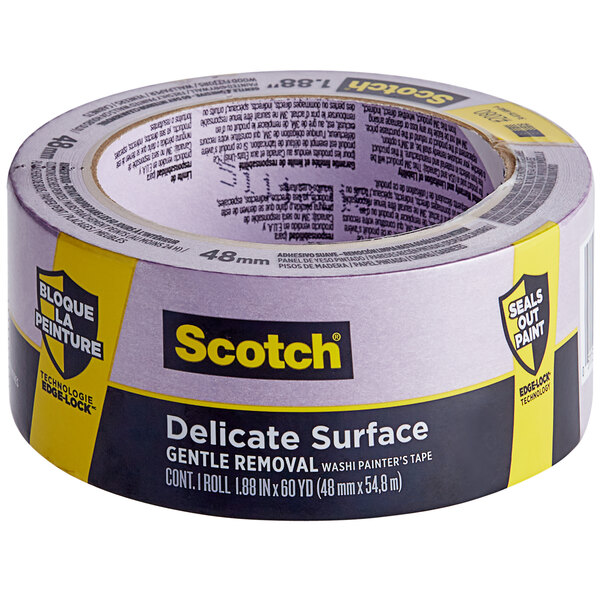 A roll of 3M Scotch purple delicate surface painter's tape with black text on the label.
