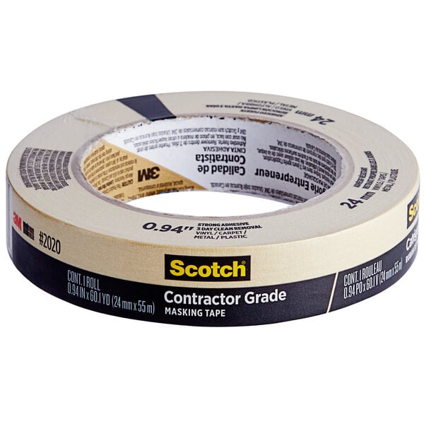 A roll of 3M Scotch Contractor Grade Masking Tape with black and white text on a white background.
