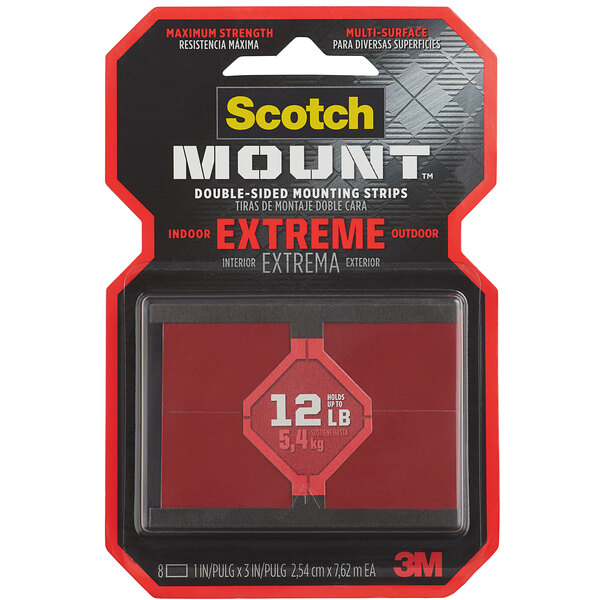 A red and black package of 3M Scotch-Mount Extreme Double-Sided Mounting Strips with white text.