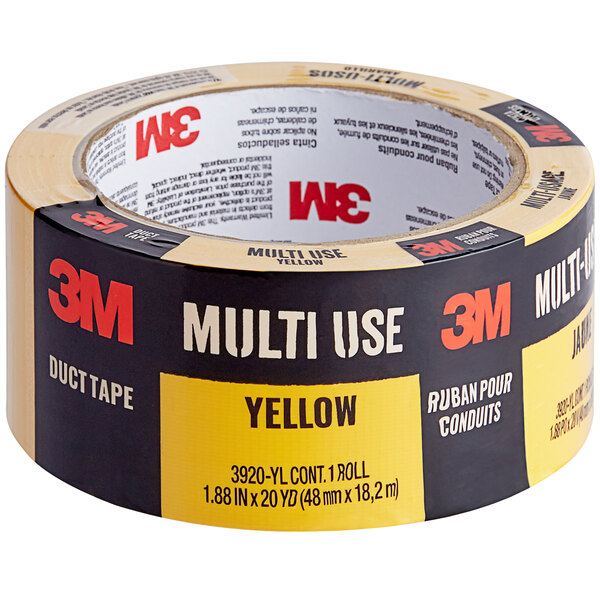 A roll of 3M yellow multi-use duct tape with black text on it.