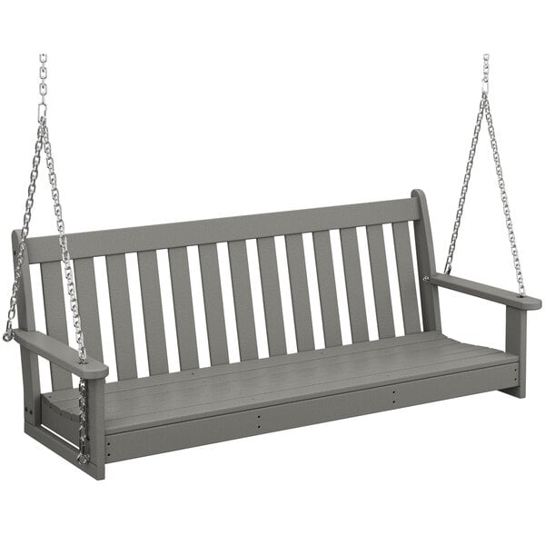 A grey POLYWOOD wooden bench swing with chains.