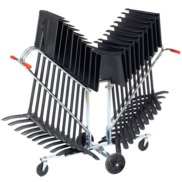 A black cart with black National Public Seating Melody Music Stand Dollies.